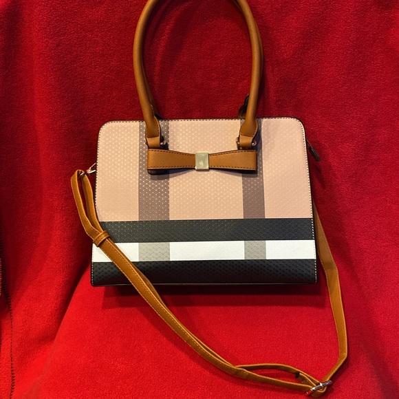 NWOT Designer Inspired Brown Black & White Check Satchel with Removable Strap - Picture 2 of 12